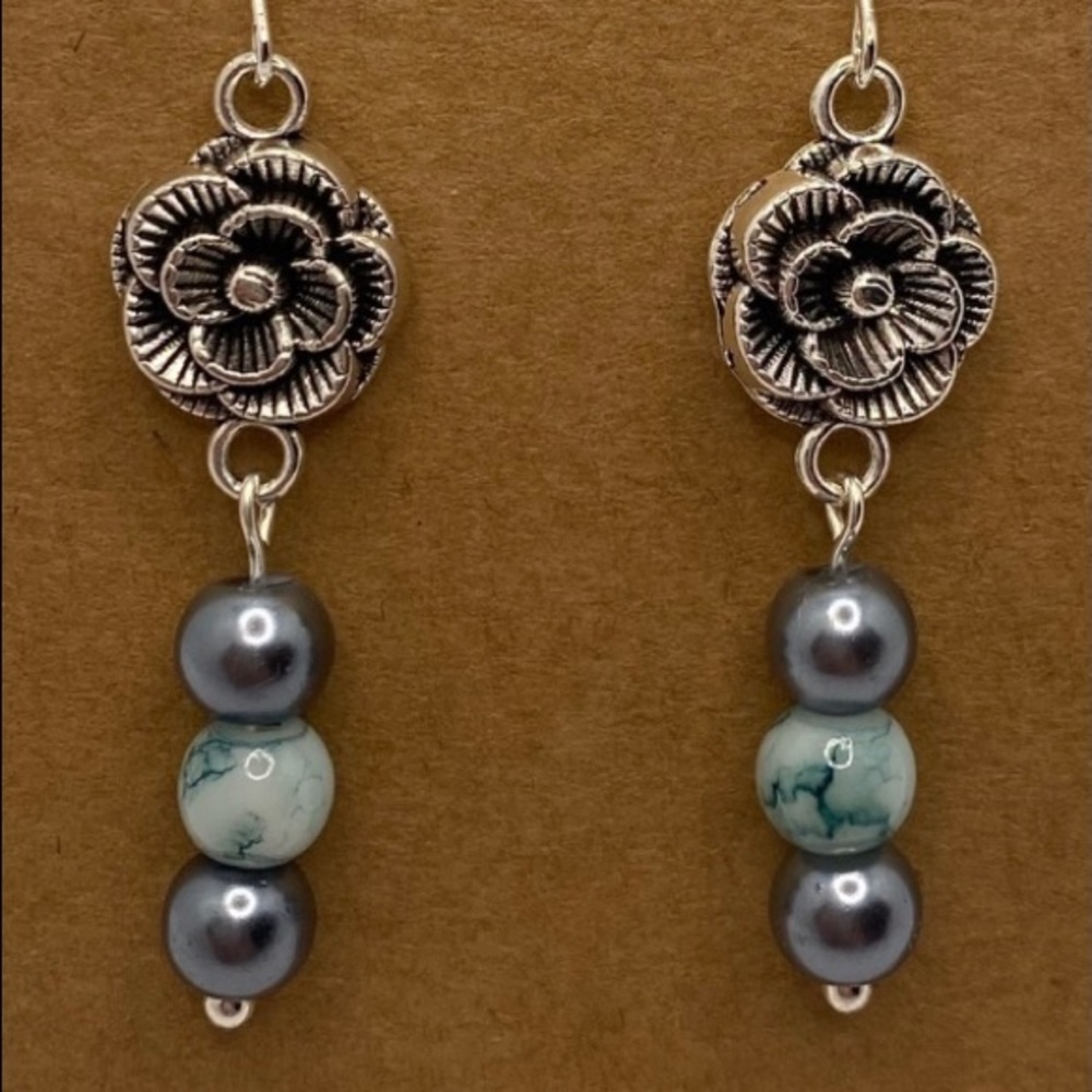 Floral Drop Earrings with Teal and Gray Marble